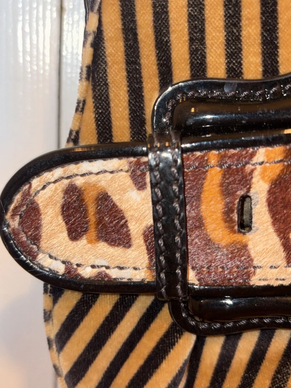 FENDI Striped Velvet B Bis Baguette Leopard Calf Hair, Black Patent Leather rare
